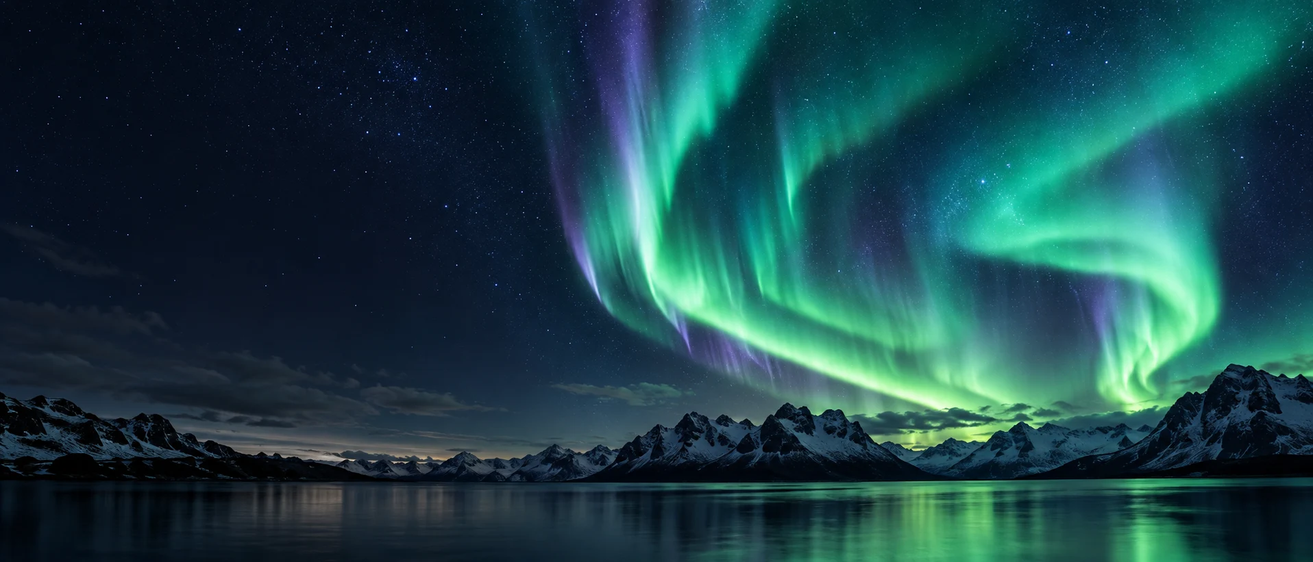 Emerald northern lights over mountains and water at night