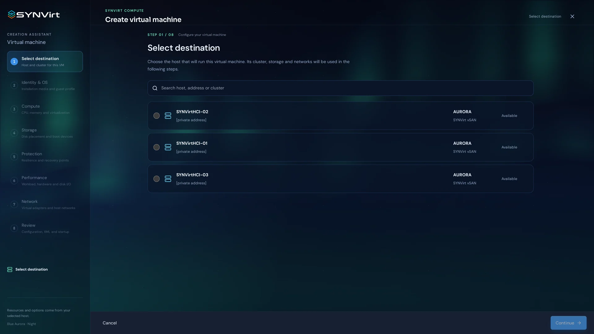 Real SYNVirt interface: virtual machine creation assistant, step 1 of 8.